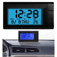 2 in 1 Car Digital Clock and Thermometer with Large LCD Display, Blue LED Backlight, Adhesive Mount