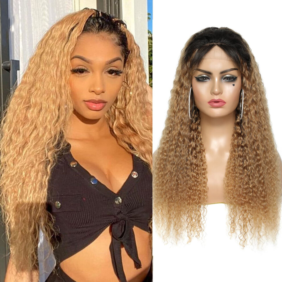 Unisex 22 Inch Ombre Curly Human Hair Lace Front Wig 1B/27 Pre Plucked Natural Hairline Glueless