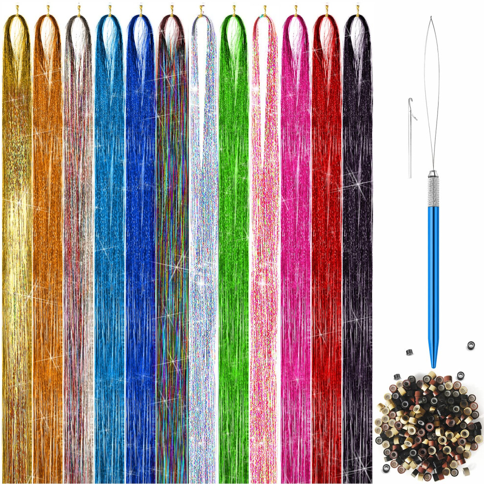 Hair Tinsel Kit with Microlinks Tools, Fairy Hair Extensions, Heat Resistant 47 Inch Strands in 12 Colors