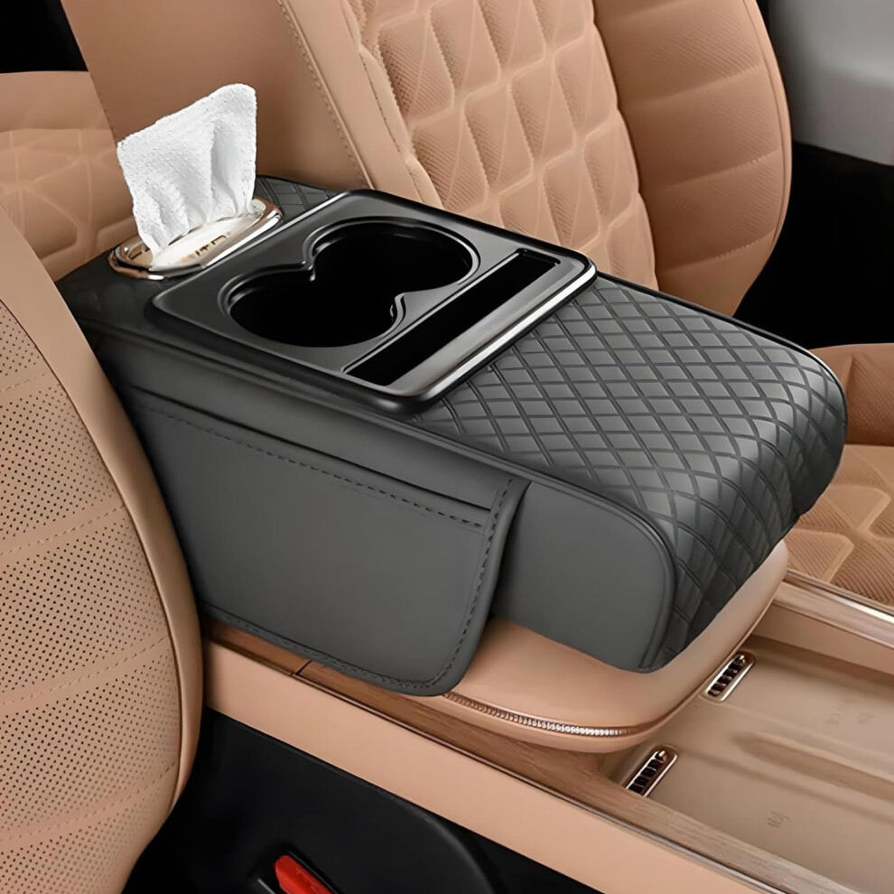 Pu Leather Car Armrest Cushion Organizer With Multipocket Storage, Cup Holder And Tissue Box, Gray 9113335702653