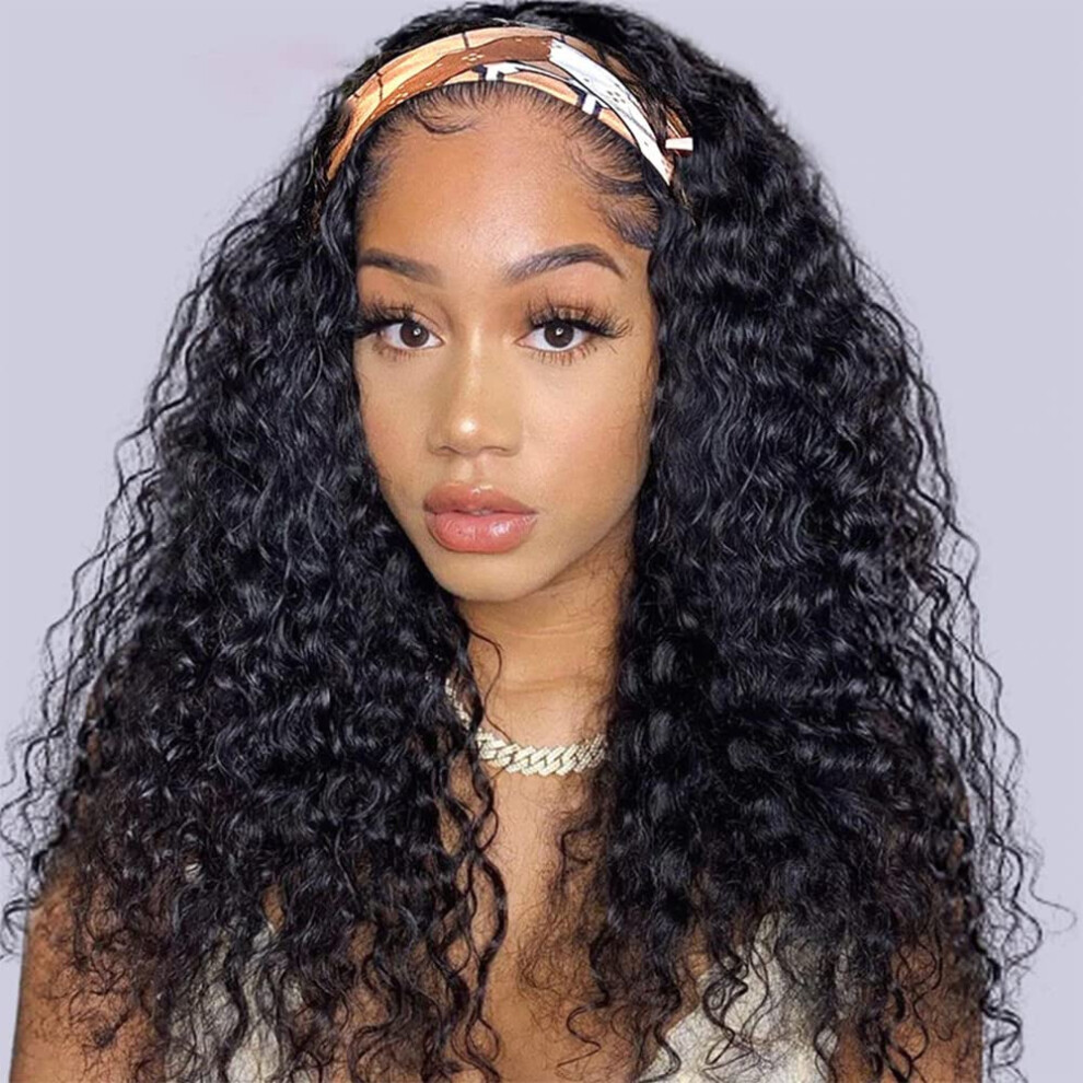 Unisex Black Headband Wig Curly Brazilian Remy Human Hair Glueless For Women 22 Inch 150% Density