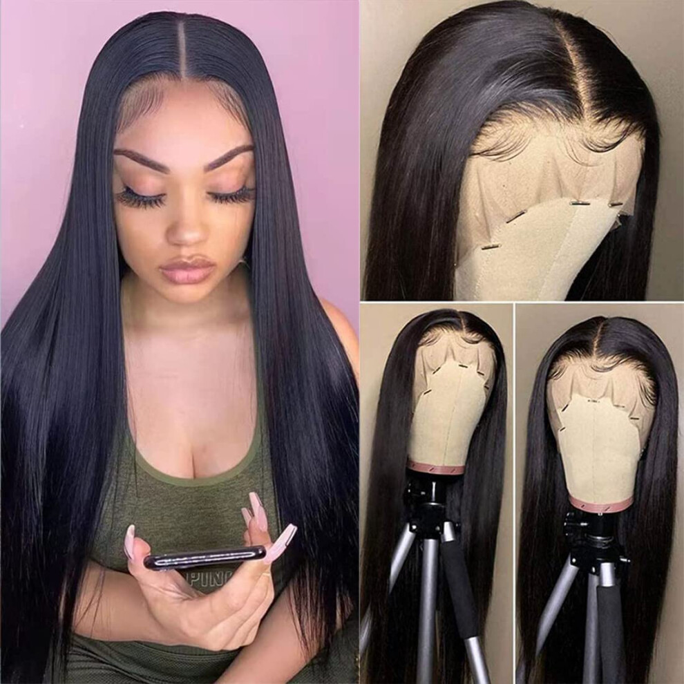 Unisex Black 20 Inch 13X4 Lace Front Brazilian Human Hair Wig For Women Pre Plucked Bleached Knots
