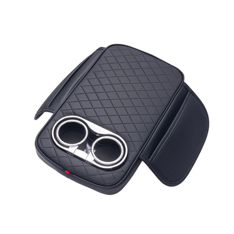 Car Armrest Cushion With Dual Cup Holders, Pu Leather Organizer And Side Storage Pocket Black 9455672769853