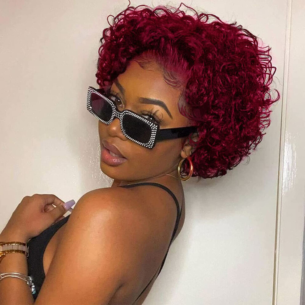 Unisex Red Human Hair Lace Front Pixie Cut Wig 99J Burgundy Short Curly Bob Glueless Preplucked
