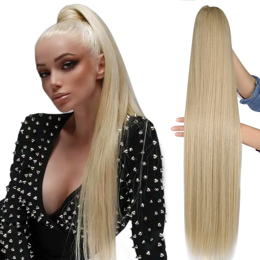 32 Inch Straight Synthetic Ponytail Extension with Blonde Highlights, Drawstring Clip for Black Women