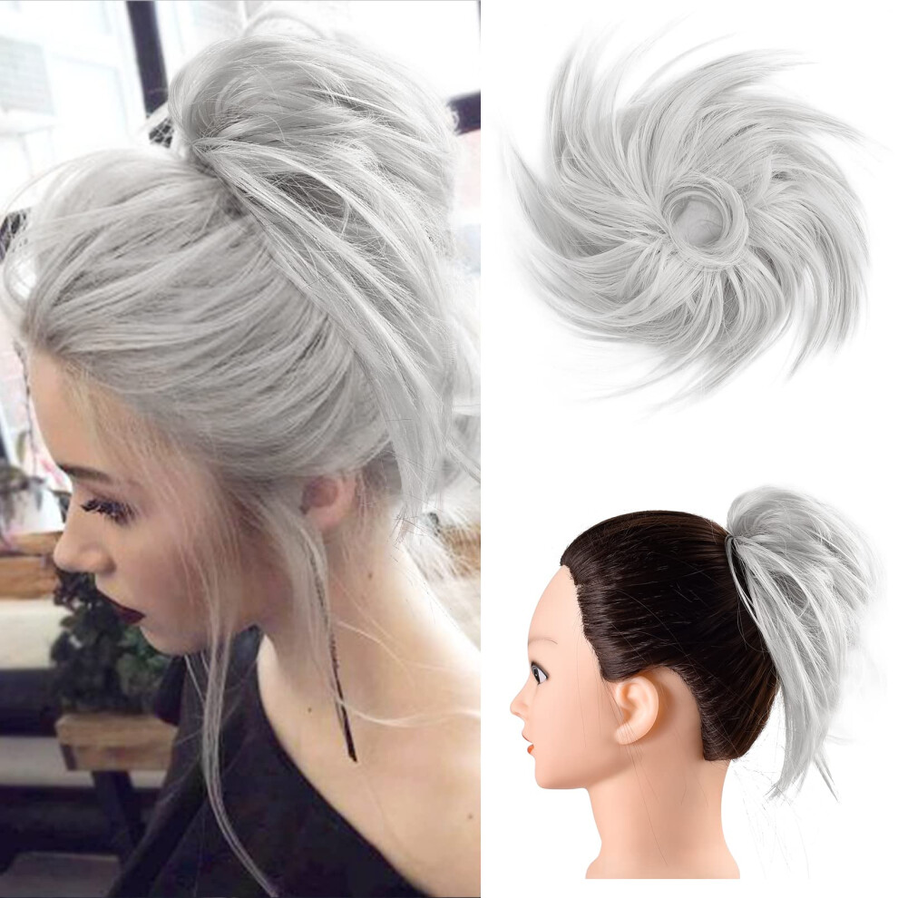 Unisex Silver Messy Bun Hair Piece Gray Curly Wavy Updo Extension With Elastic Band For Instant Volume