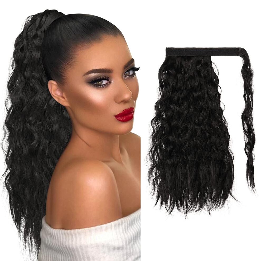 Unisex Black Ponytail Hair Extension 16 Inch Corn Wave Synthetic Wrap Around 1B Heat Resistant Hairpiece