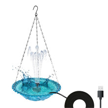 Solar Powered Hanging Bird Bath Fountain with USB Hummingbird Feature, Metal Hook, Blue, 9.25'