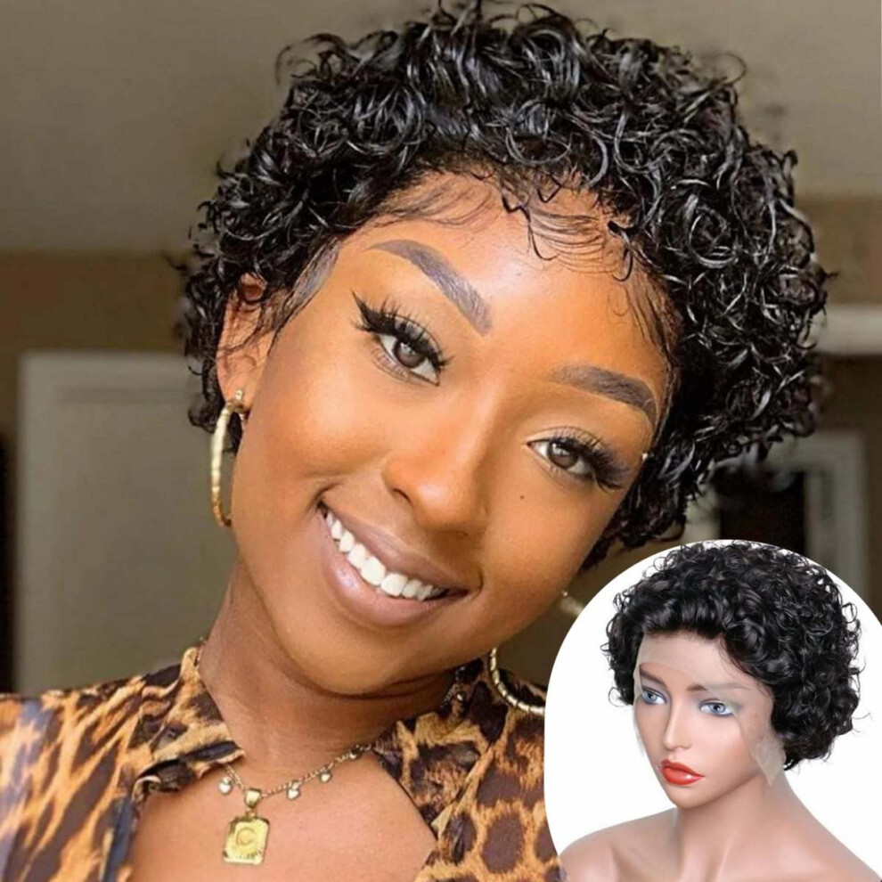 Unisex Short Curly Human Hair Wig 6 Inch Kinky Curly Pixie Cut 13X1 Lace Frontal 150% Density