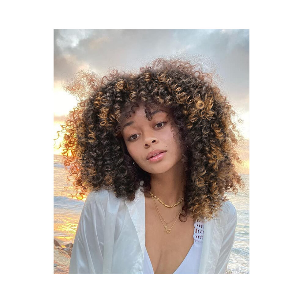 Unisex Brown Afro Kinky Curly Wig With Bangs Ombre Heat Resistant Synthetic Fiber Medium Length