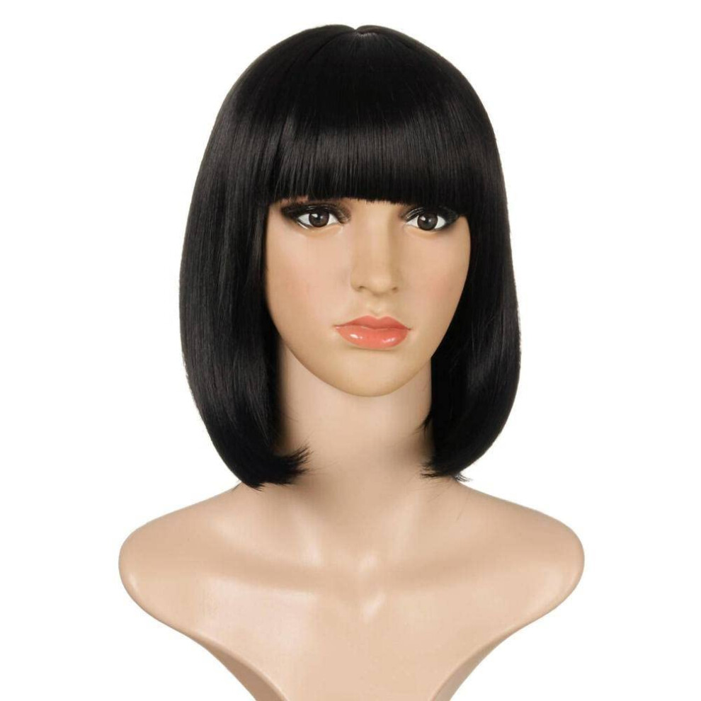 Unisex Black Short Bob Wig With Bangs HeatâResistant Synthetic Fiber Gradient Straight Hair Adjustable Fit 14 Inch