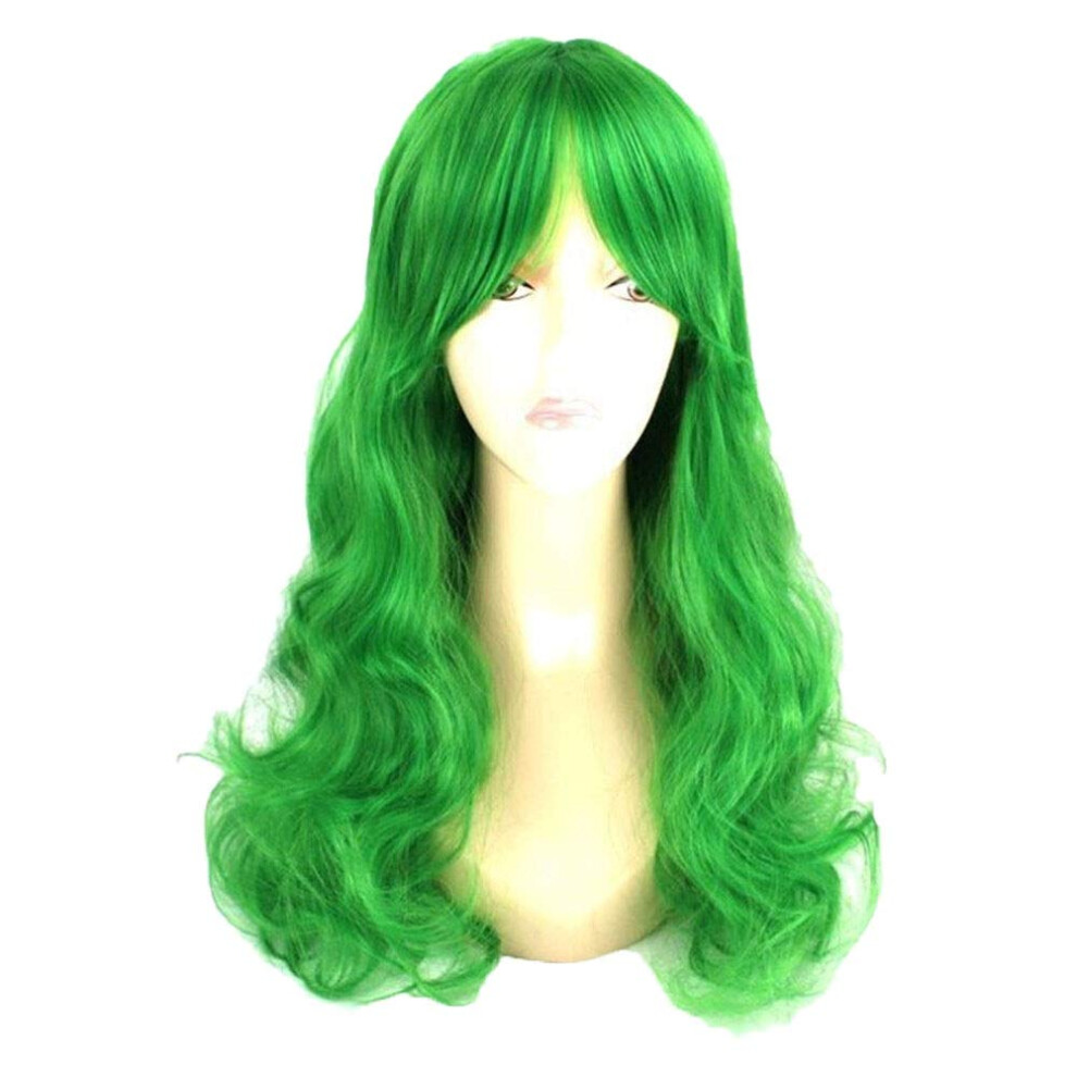 Unisex Green Long Curly Synthetic Wig With Bangs Temp Fiber Natural Texture For African Braids