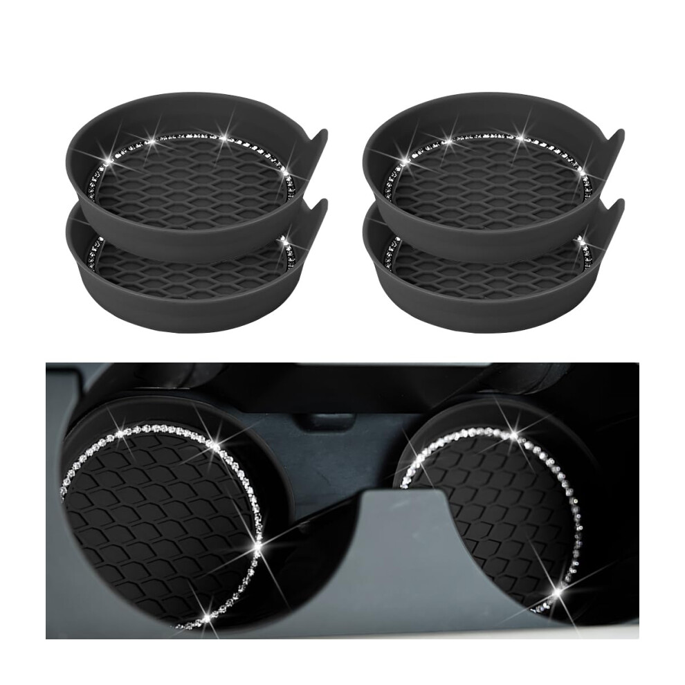 Bling Car Cup Holder Coasters 4 Pack Crystal Rhinestone Antislip Silicone Drink Mats Black 9455672771139