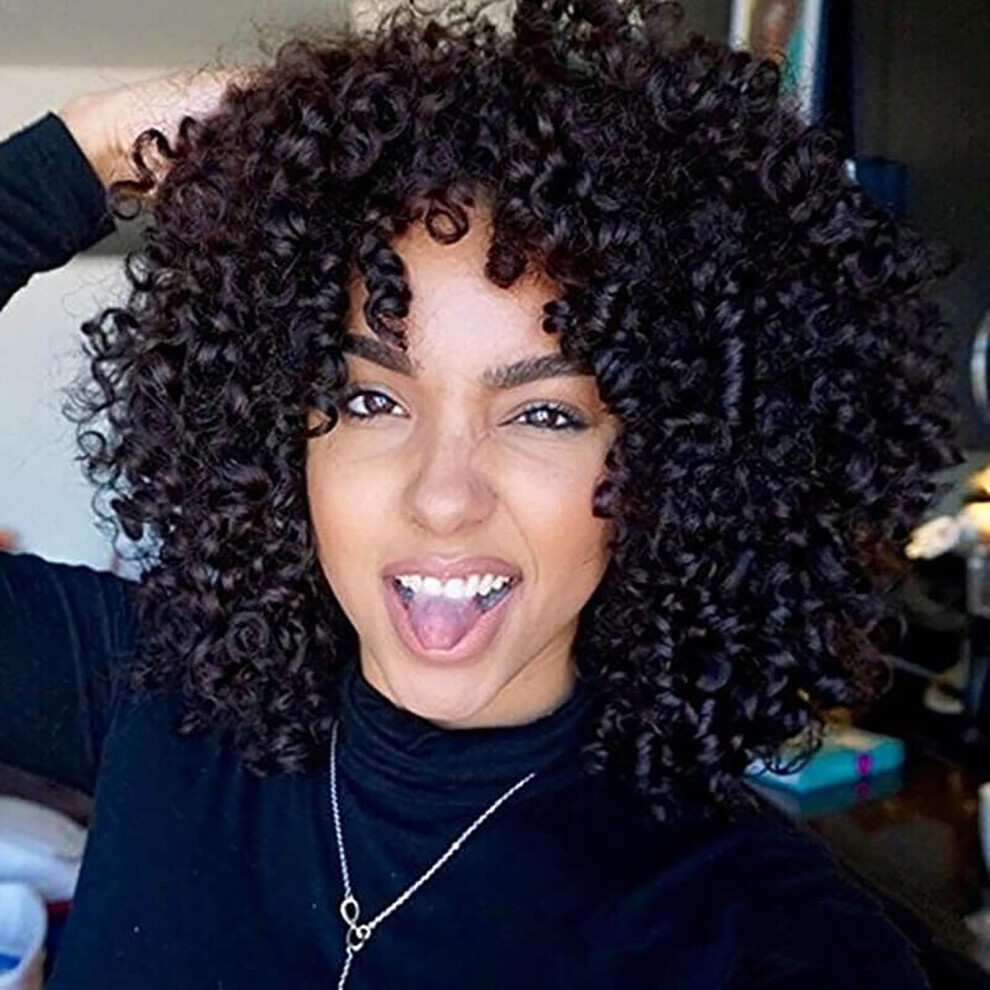Unisex Black Short Afro Curly Wig With Bangs For Women, Shoulder Length Synthetic Heat Resistant Hair, Natural Bouncy Curls
