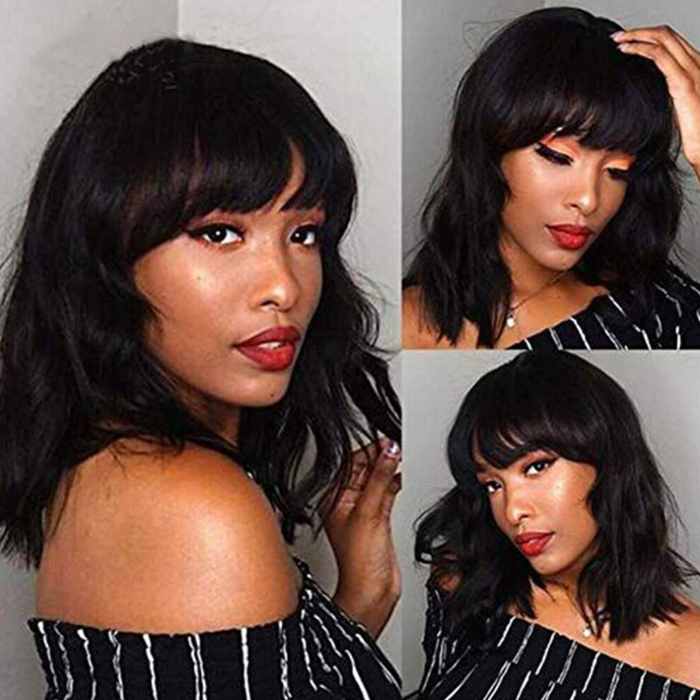 Human Hair Bob Wig with Bangs Natural Black 150 Density Body Wave Style for Black Women