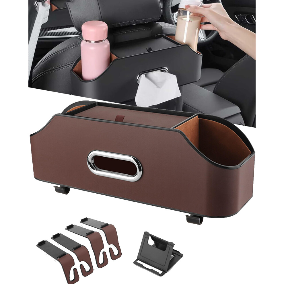 Car Backseat Organizer With Cup Holders And Tissue Box, Leather Car Seat Organizer With Hooks, Brown 9070919924996