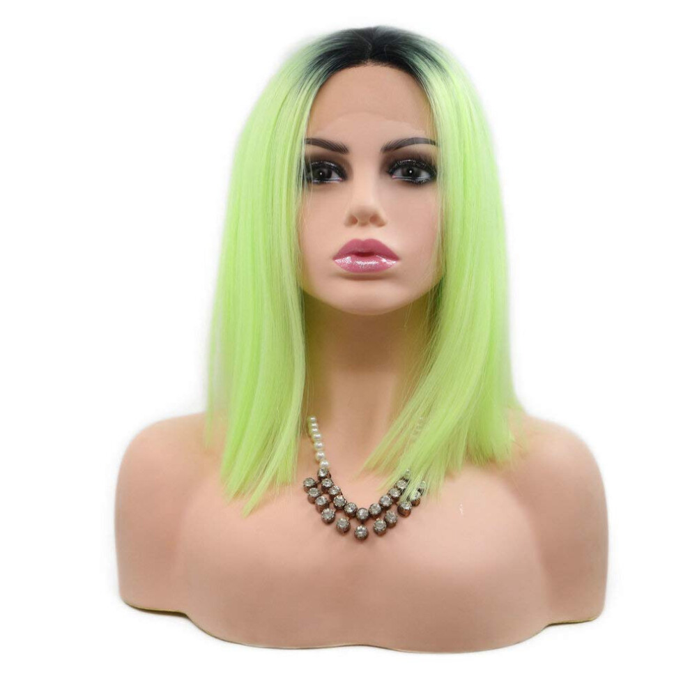 Unisex Green Fluorescent Lace Front Bob Wig 14' Heat Resistant Synthetic Hair For Women Cosplay