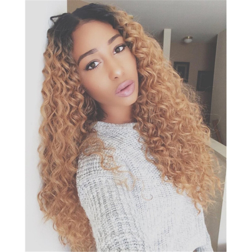 Unisex Black,Brown Long Curly Wig Black To Brown Ombre Heat Resistant Synthetic Fiber With Natural Hairline