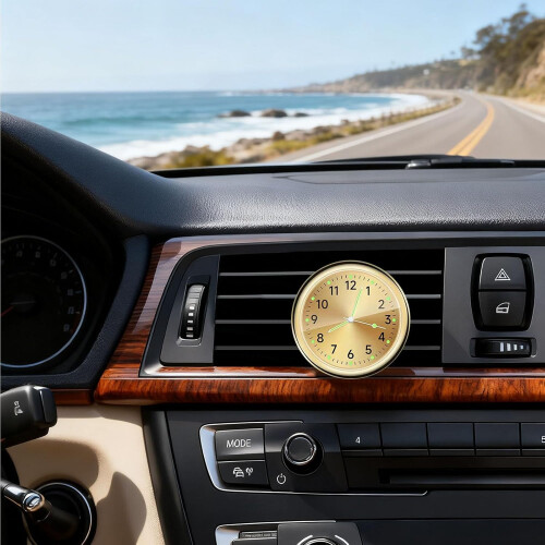 Car Dashboard Clock with Luminous Hands, Mini Quartz Analog Design for Vent or Dashboard, Gold 1