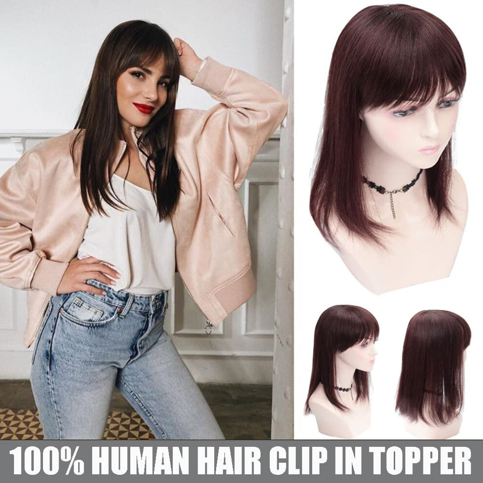 Unisex Black Human Hair Topper With Fringe For Thinning Hair, Lightweight Breathable Straight Wiglet 30Cm Dark