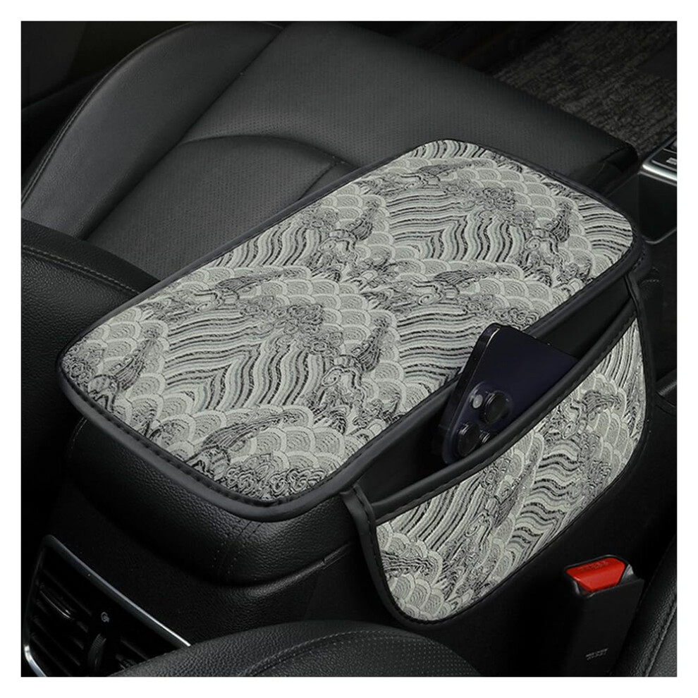 Car Armrest Cover With Large Storage Pockets, Embroidered Center Console Protector, Universal Black 9455672774666