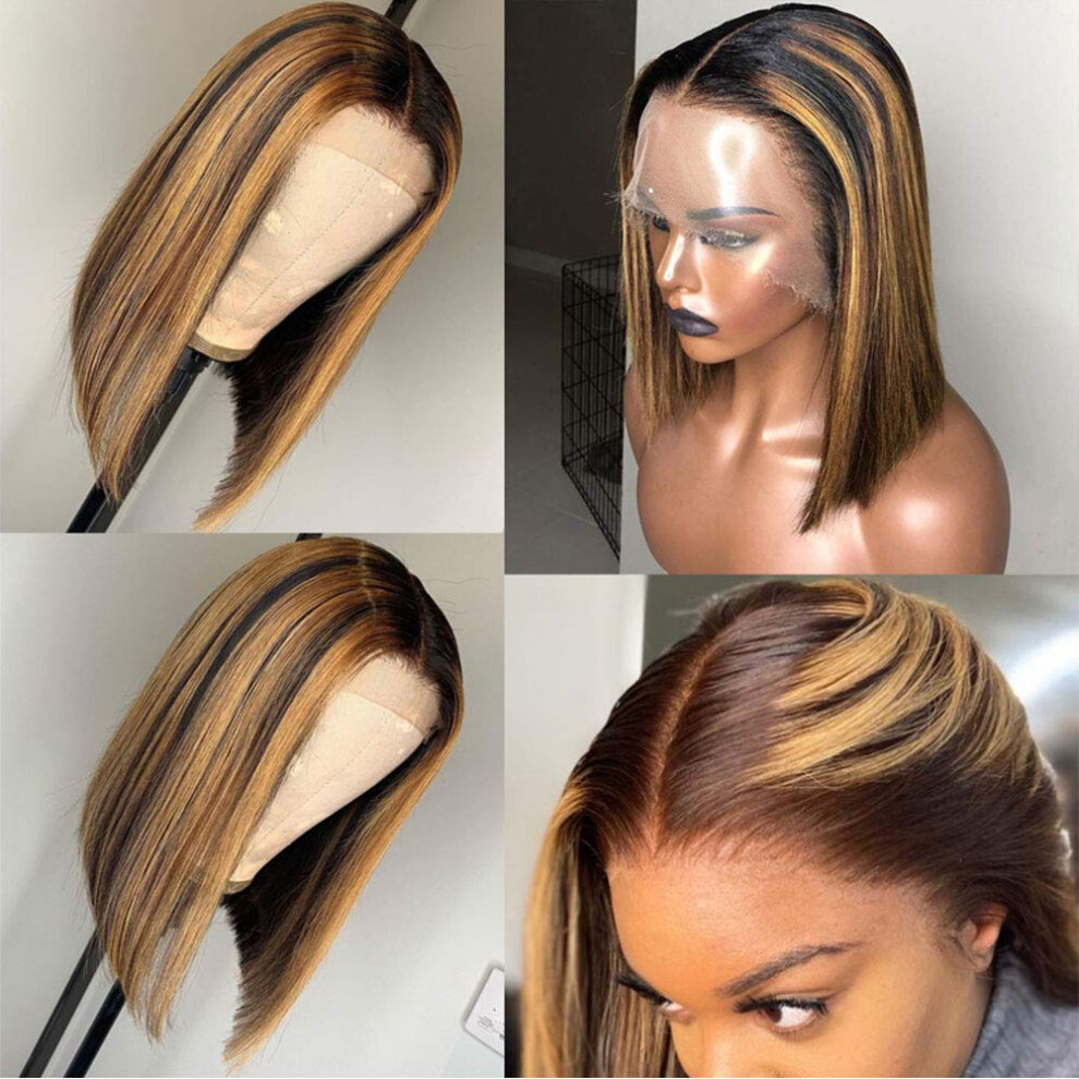 Unisex Honey Blonde 13X6 Lace Front Bob Wig Human Hair With Baby Hair Natural Hairline 14 Inch