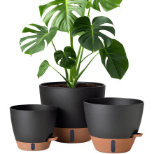 Self Watering Planter with Water Level Window and Drainage, Large Plastic Plant Pot, Black 12/10/8 Inch