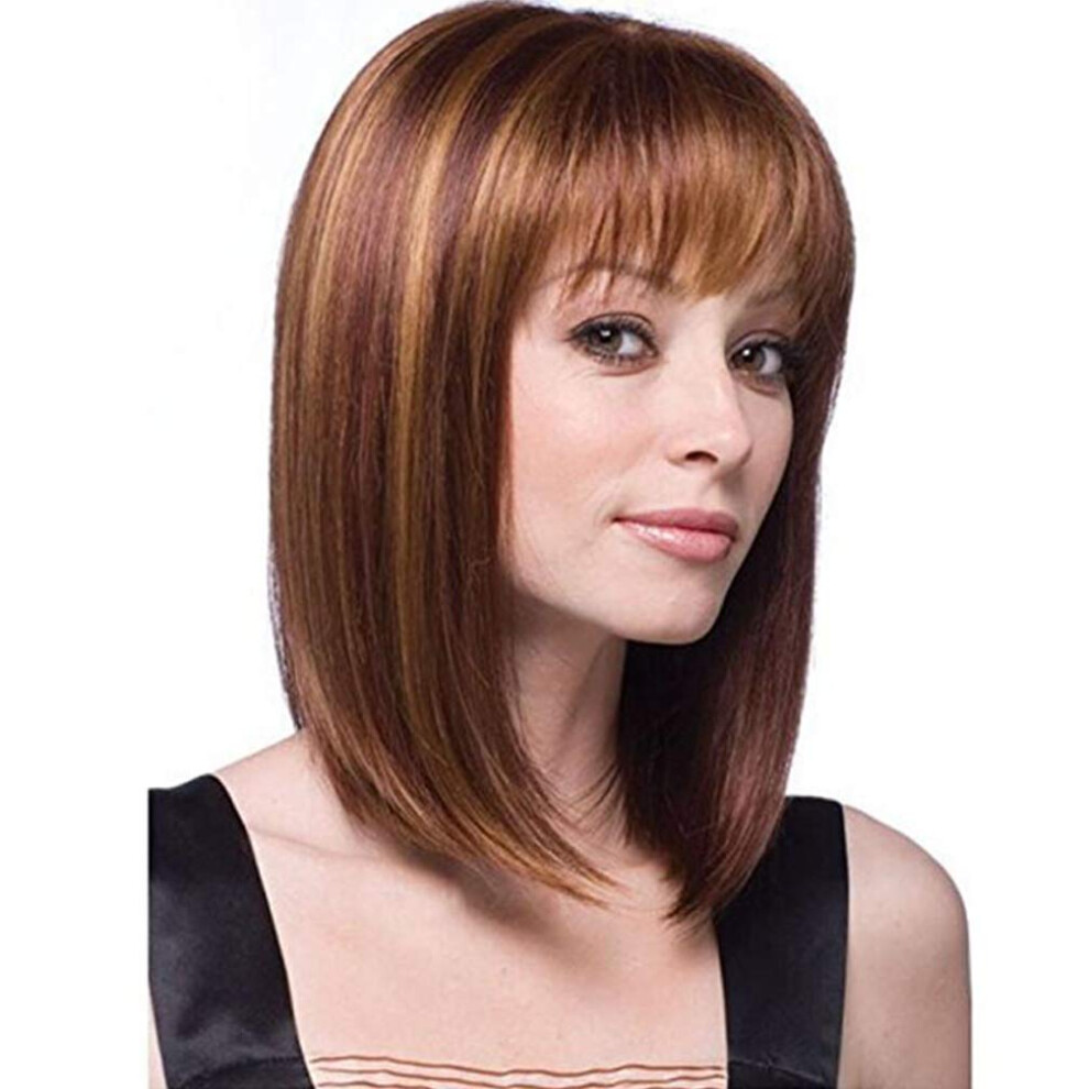 Women's Medium Length Synthetic Straight Bob Wig with Bangs, Heat Resistant Fiber, Natural Look