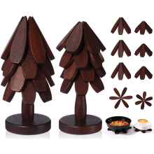 Wooden Christmas Tree Trivets Set of 8 Heat Resistant Foldable Dual Size Decorative Kitchen Coasters