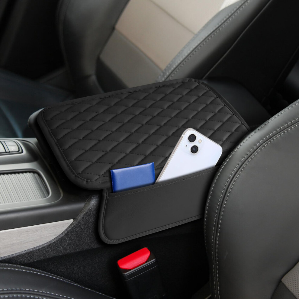 Leather Car Armrest Cover Protector With Dual Side Storage Pockets For Sedan And Suv Black 9053599104865