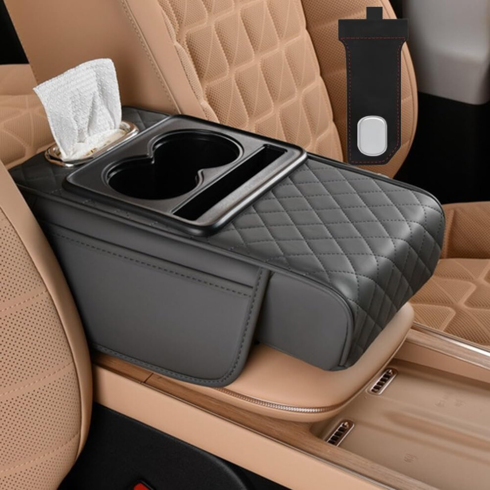 Multifunctional Leather Car Armrest Pad With Storage, Universal Console Organizer With Cup And Tissue Holders, Gray 9053599106241