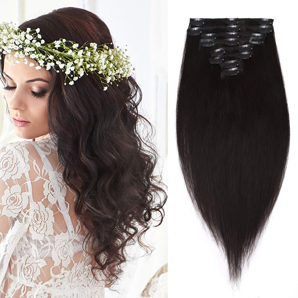 Unisex Black Clip In Human Hair Extensions 8 Inch Remy Natural Straight Hairpieces For Instant Volume