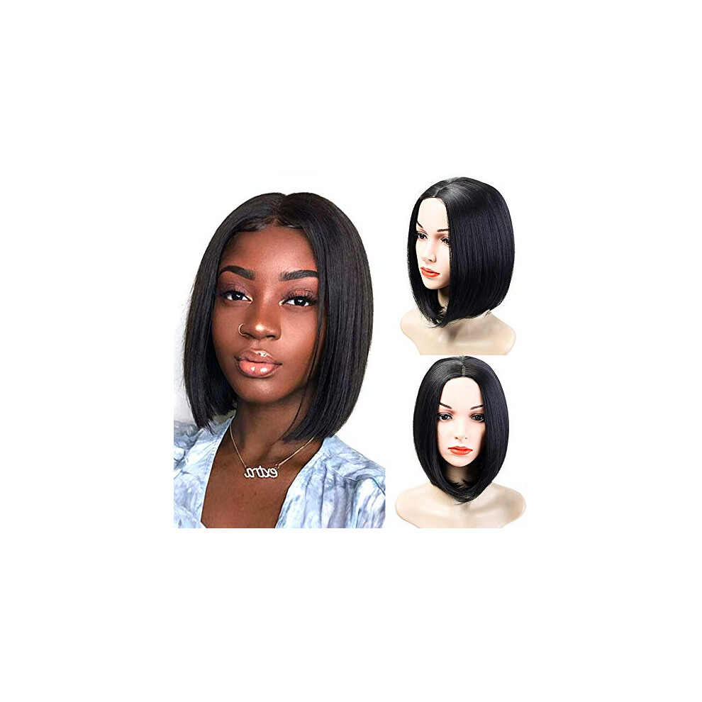 Black Synthetic Bob Wig for Women, Heat Resistant Fiber, Adjustable Strap, Natural Look