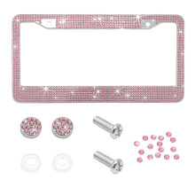 Bling License Plate Frame with Sparkling Rhinestones, Pink Stainless Steel Holder for Women