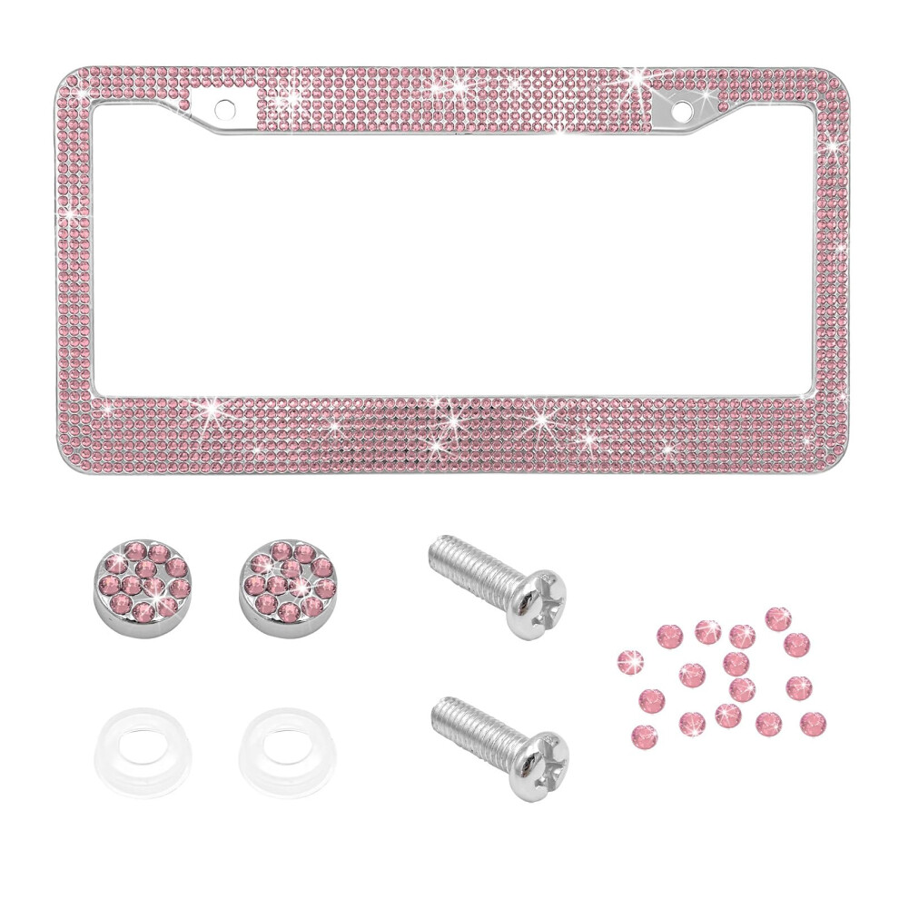 Bling License Plate Frame With Sparkling Rhinestones, Stainless Steel Holder For Women Pink 9113335709331