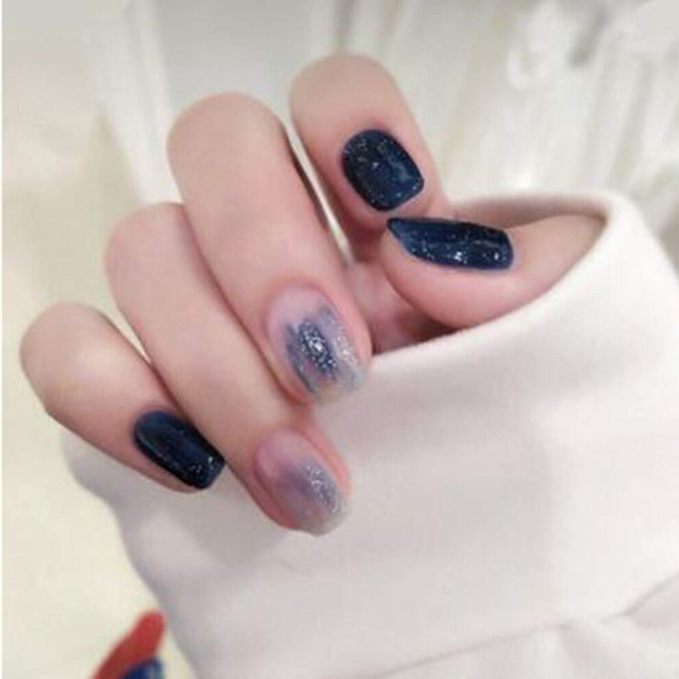 Blue Short Square Press On Nails Set Ombre False Nails 24 Pcs Instant Salon Finish Reusable