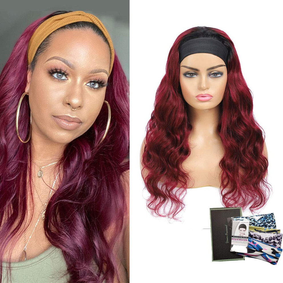 Headband Wig Ombre Burgundy Brazilian Virgin Human Hair Body Wave Glueless 150% Density 22 Inch