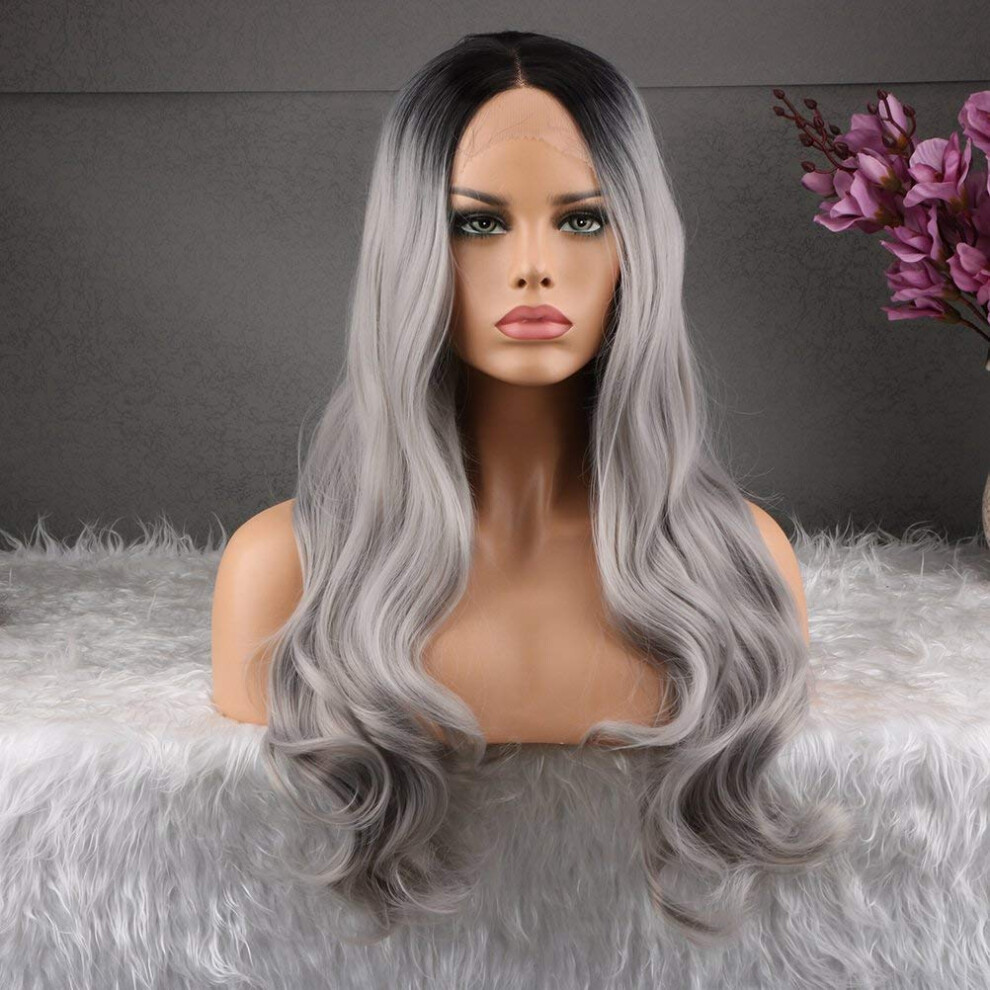 Ombre Grey Synthetic Lace Front Wig for Women Heat Resistant with Natural Hairline and Adjustable Fit