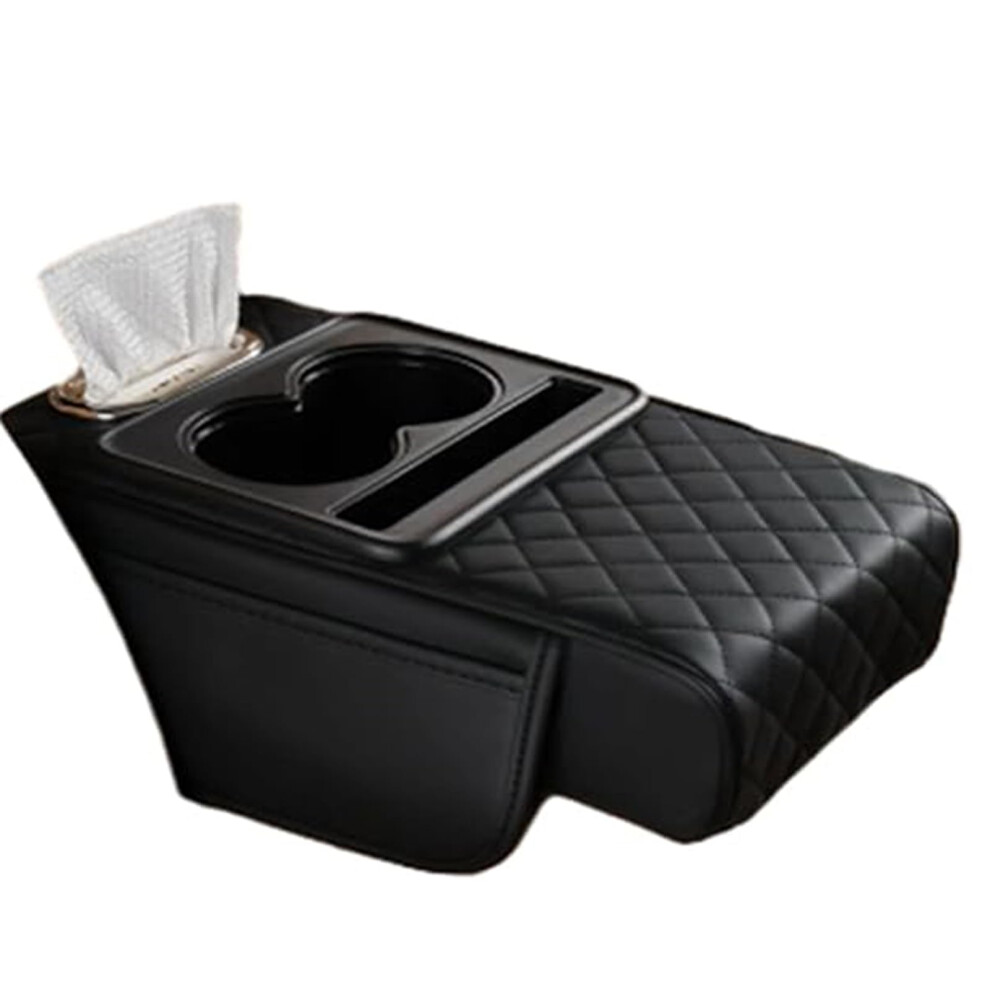 Pu Leather Car Armrest Pad With Dual Cup Holders, Ergonomic Heightening Booster For Enhanced Comfort Black 9455672781473