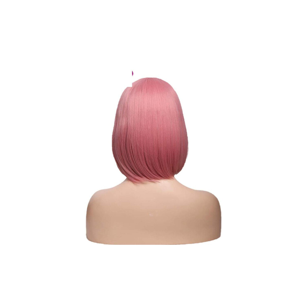 Short Straight Synthetic Wig with Bangs 12 Inch Pink HeatResistant Fiber Adjustable Cap