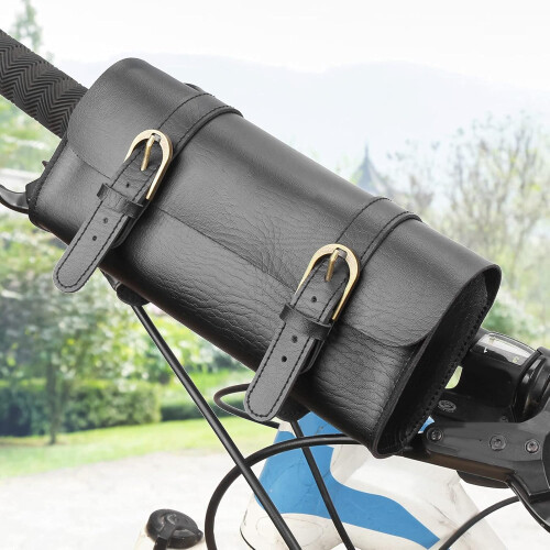 Motorcycle Tool Bag PU Leather Handlebar Roll Bag Universal Fork Saddlebag with Quick Buckle Closure 1
