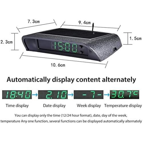 Car Digital Dashboard Clock Solar Powered with Time Date Temperature Display 12V 24V Black 1
