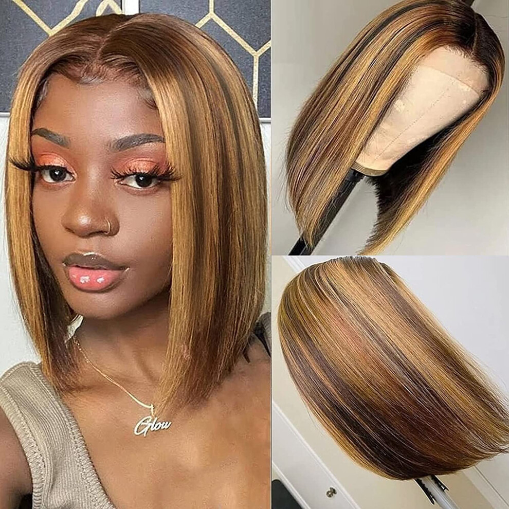Unisex Brown Hd Lace Front Brazilian Human Hair Bob Wig Ombre Highlight Glueless 4X4 With Baby Hair 12 Inch