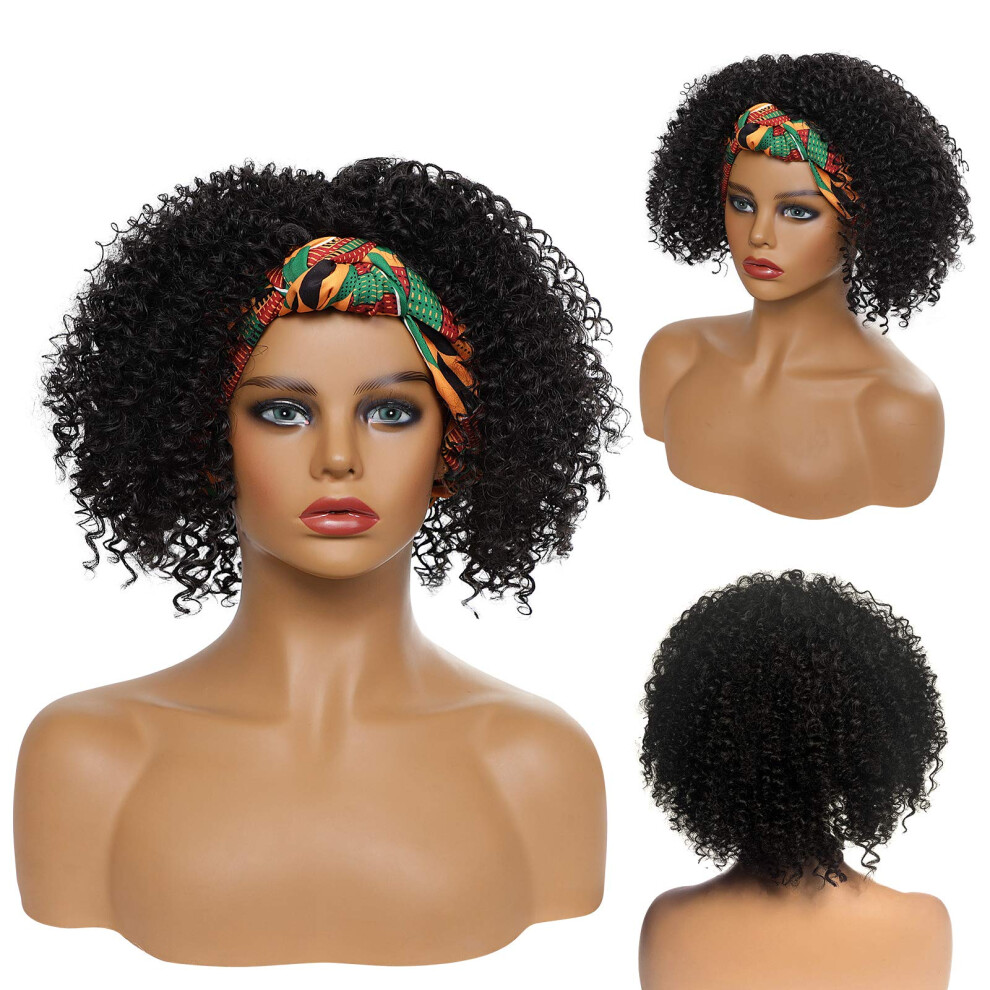 10 Inch Kinky Curly Headband Wig Black Short Human Hair and Synthetic for Black Women