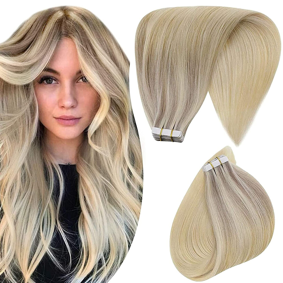 Unisex Silver Balayage Blonde Tape In Remy Human Hair Extensions Ash To Platinum Invisible Seamless 20Pcs 50G