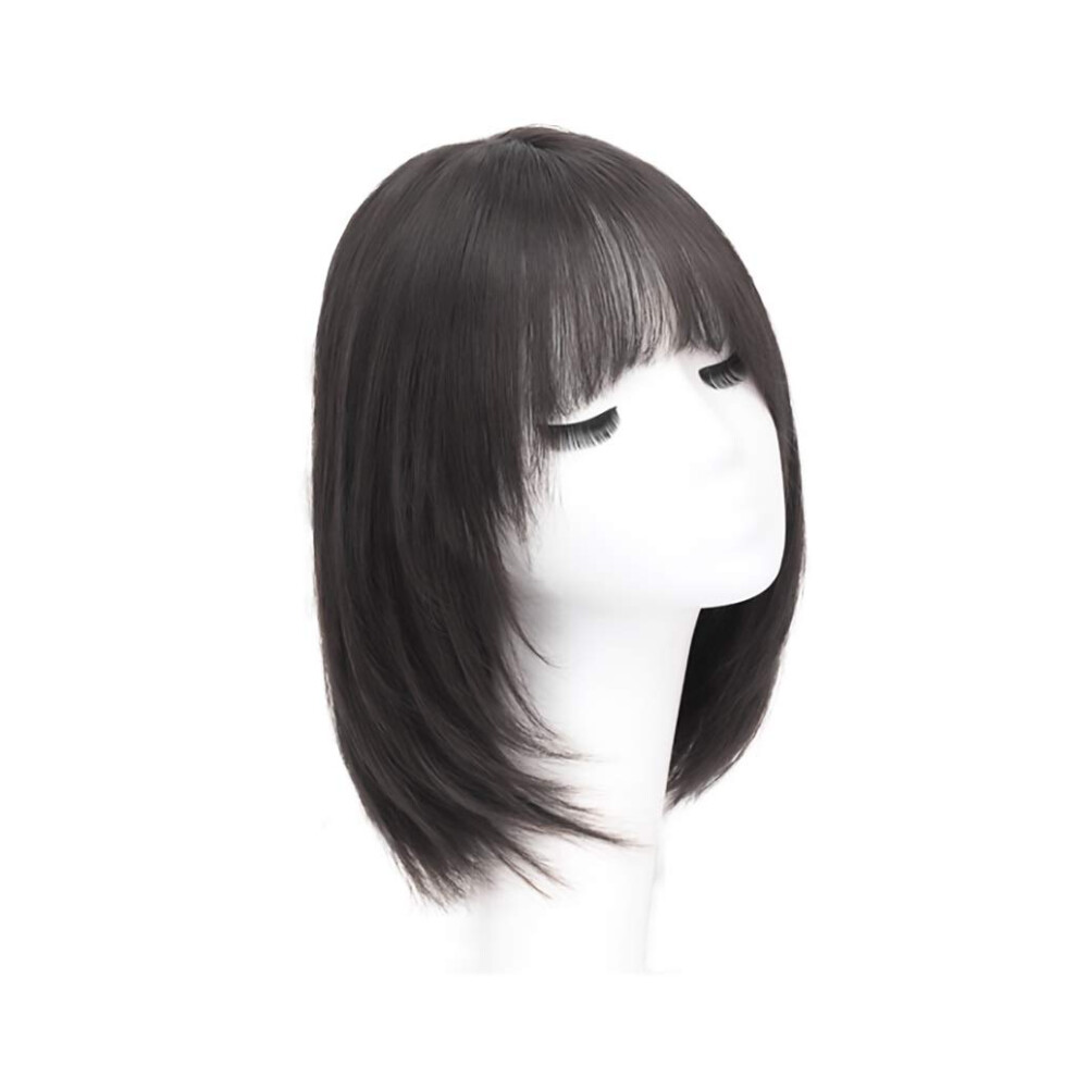 Human Hair Wig Natural Wavy Short Bob with Bangs 40cm Black for Women Daily Wear