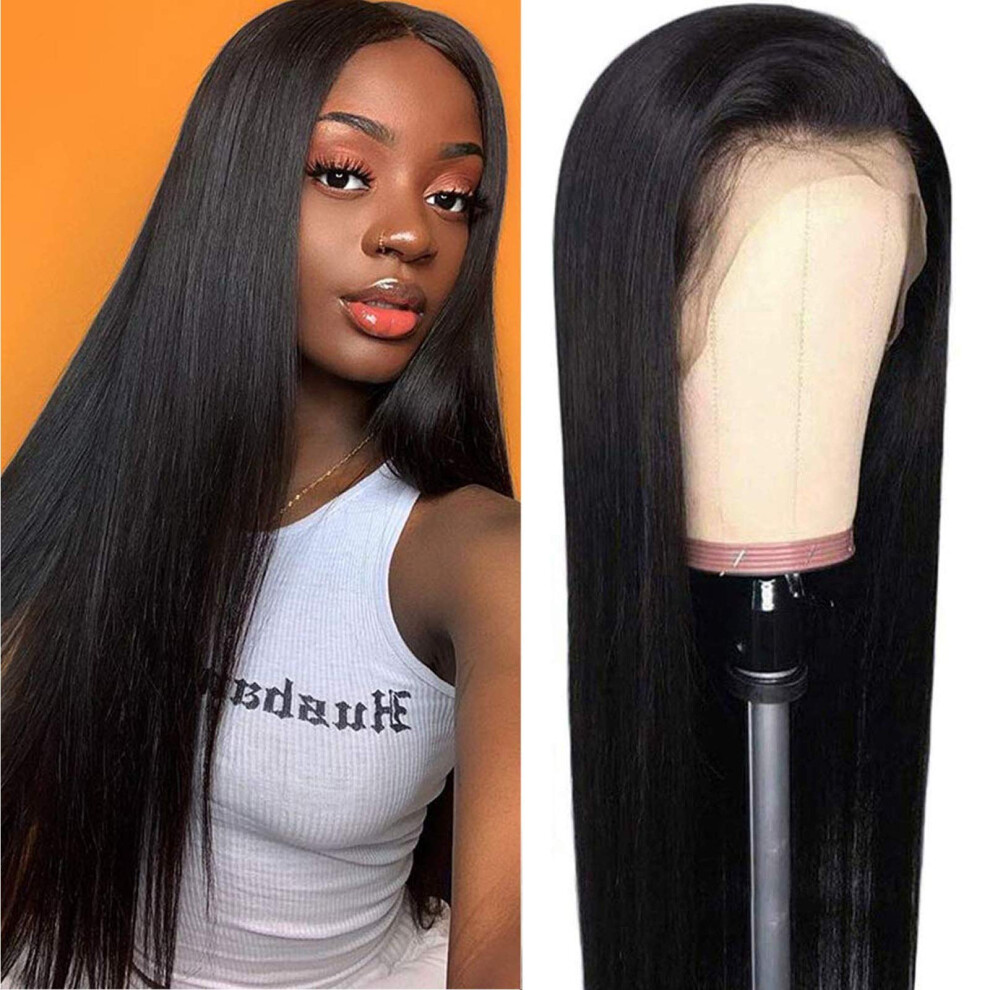 Unisex Black Human Hair Lace Front Wig Brazilian Straight 13X4 Preplucked Natural Hairline 150% Density