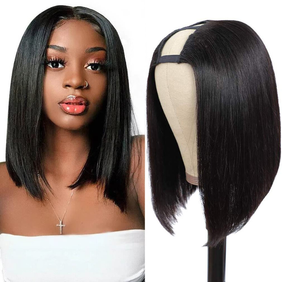 Brazilian Human Hair U Part Bob Wig 12inch Natural Black No Glue Adjustable Fit for Women