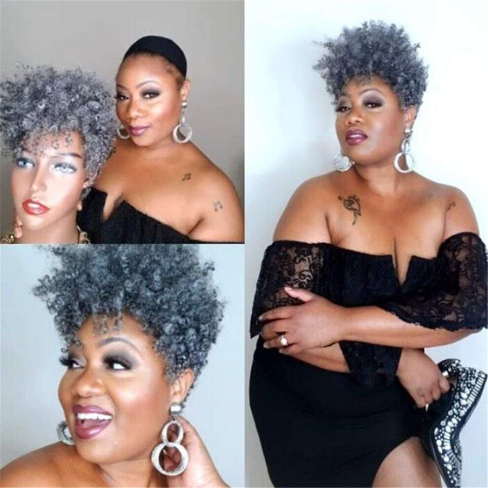 Short Afro Kinky Curly Wig for Black Women, Synthetic Gray, 150% Density, Natural Afro Style