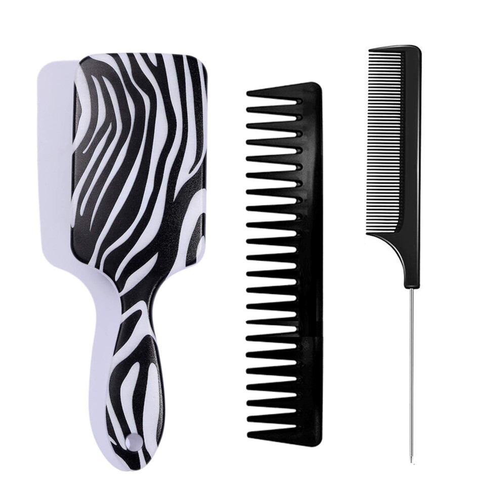 Hair Brush Set for Women Zebra Print with Detangling Paddle Brush Wide Tooth Comb and Tail Comb